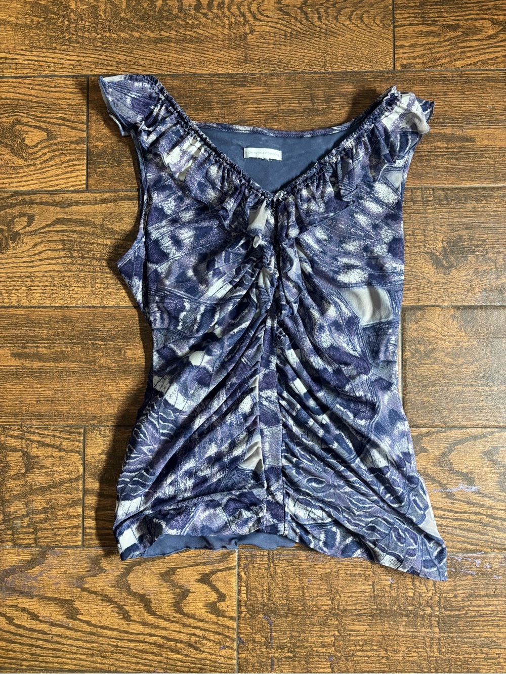 New York & Company Navy and Gray Ruched Ruffle Tank